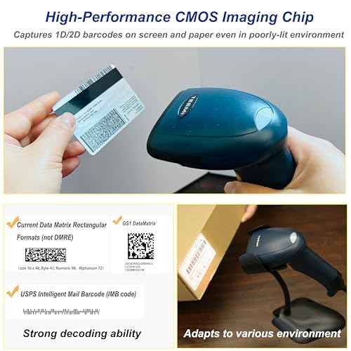 TEEMI 2D QR Barcode Scanner, USB Wired Virtual COM Port Handheld Omnidirectional Scanning, Digital Coupon Screen Code Driver License Scan for Mac OS and Android with OTG Adapter, Window PC, Linux