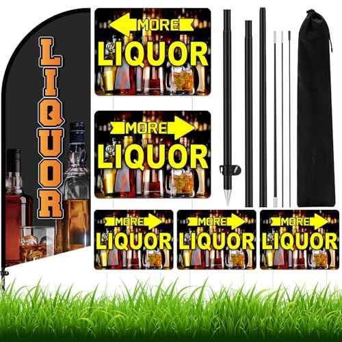 Liquor Feather Flag Pole Kit Include 7 ft Banner Flag with Poles 5 Pcs Liquor Drink Yard Signs and 10 Pcs Ground Stake for Bar Drink Business Outside Advertising Market Store