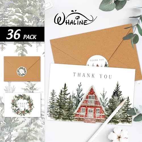 Whaline 36 Packs Christmas Thank You Cards Watercolor Xmas Pine Tree Greeting Cards Winter Forest Blank Note Cards with Envelopes and Stickers for Wedding Birthday Holiday, 4 x 6 Inch