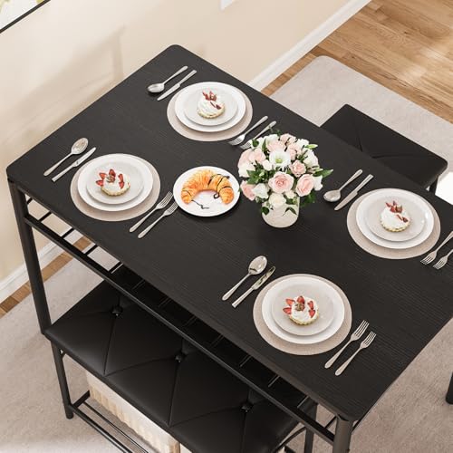 GarveeHome 4-Person Dining Table Set with Upholstered Benches, Black for 4