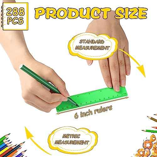 Harloon 288 Pack Clear Color Plastic Rulers 6 Inch Transparent Colorful Ruler with Inches and Centimeters 8 Colors Metric Bulk for Kids School Home Office