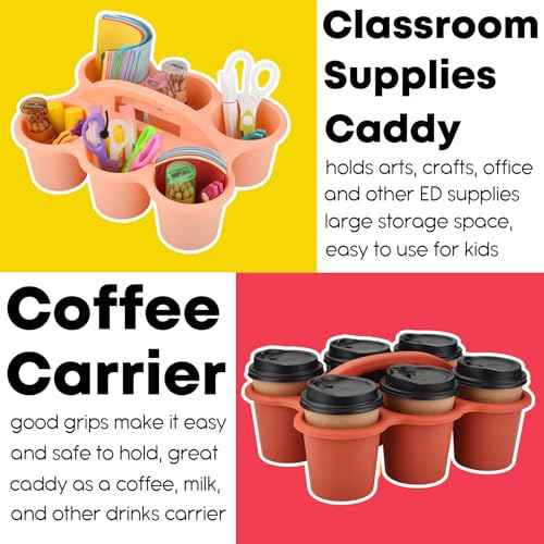 ALINK 6 Pack Classroom Caddy Storage Basket Organizer with Handle, Plastic Drink Cup Caddy Holder, 6 Compartments for Table, Office, Arts, Crafts, Crayon, Marker, Pencil, School Supplies - Macaroon