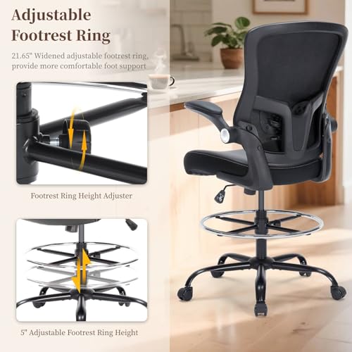 Bondesin Drafting Chair with Lumbar Support, Tall Office Chair, PU Leather Seat, Footrest Ring & Flip-up Armrests
