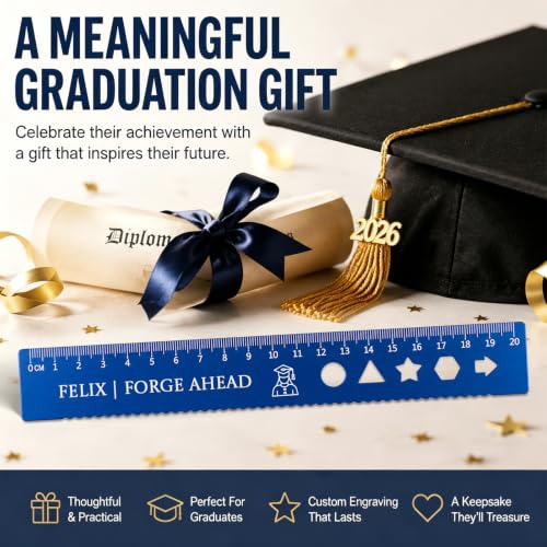 Blue Personalized Aluminum Geometry Set with Custom Engraved Name - 20cm Ruler, 7cm & 10cm Triangle Rulers, 180° Protractor, Back to School Gift