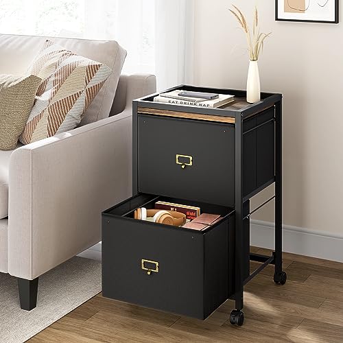 IDEALHOUSE 2 Drawer File Cabinet, Mobile Filing Cabinet for Home Office Fits A4 or Letter Size, Fabric Vertical File Cabinet with Wheels, Home Office Small Under Desk Storage Cabinet, Rustic Black