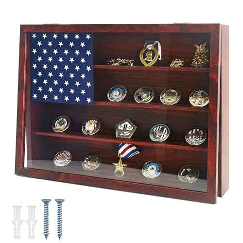 Military Challenge Coin Display Frame 12x16, Wooden American Flag Wall Decor Medal Display Case, Government Military Challenge Coin Holder Red