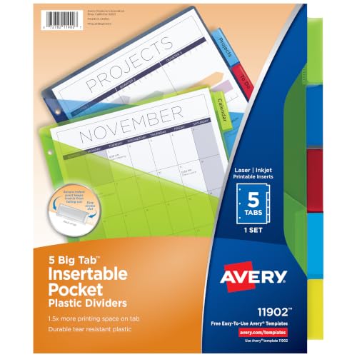 Avery Plastic Dividers Insertable Big Tab 5-Tab Multicolor for Binders - Variation of THIS listing