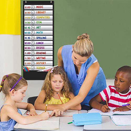 Godery Daily Schedule Pocket Chart Black with 18 Dry-Erase Cards - Classroom & Home Organizer