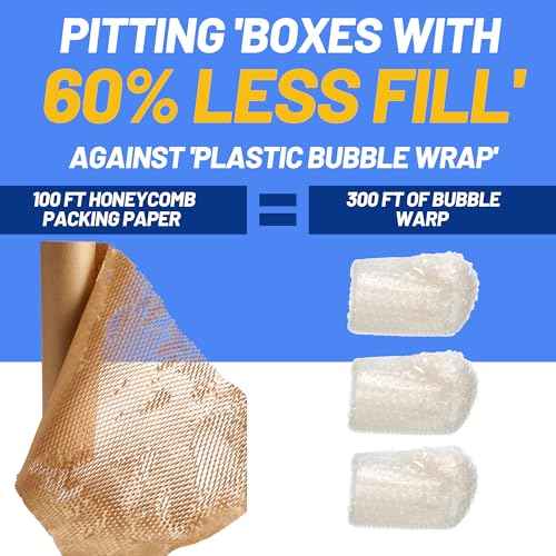 Honeycomb Packing Paper 12"Wx800'L-Bubble Wrap Substitute Alternative for Shipping, Moving Supplies, Small Business Packaging, Packing Boxes & Gifts Wrapping Paper with 20 Fragile Stickers