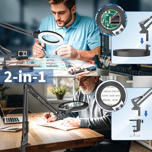 12X Magnifying Glass with Light Hands Free, 2025 New Upgrade Infinite Color and Brightness Magnifying Desk Lamp & Clamp, 2-in-1 LED Lighted Magnifier Stand for Craft Reading Hobby Close Work