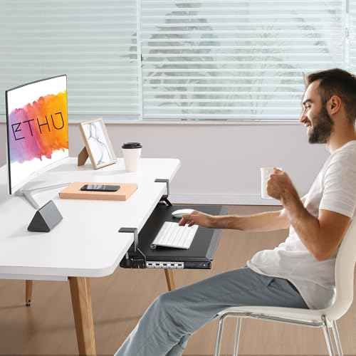 ETHU Keyboard Tray Under Desk, Pull Out Keyboard & Mouse Tray with C-clamp, Ergonomic Desk Keyboard Tray Slide Out, Pull Out Platform Drawer for Home and Office£¨Black£©