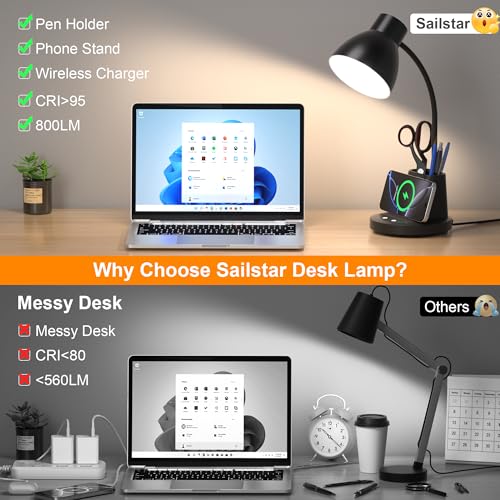 Black 10W Wireless Charging LED Desk Lamp with Pen Holder - Eye-Caring, Adjustable Brightness