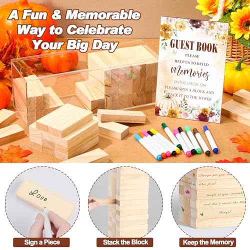 80 Pcs Wedding Guest Book Alternative Wooden Block Guest Book for Wedding Sign in Bridal Shower Decoration Wooden Block Bridal Shower Game for Sign in, Reception (Pumpkin)