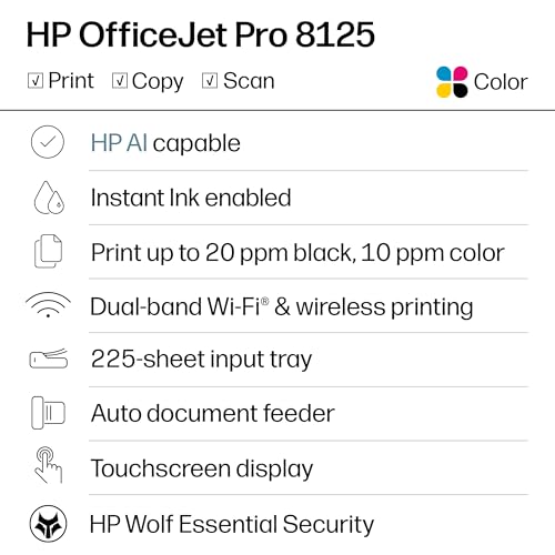 HP OfficeJet Pro 8125 Wireless All-in-One Color Inkjet Printer for Home Office