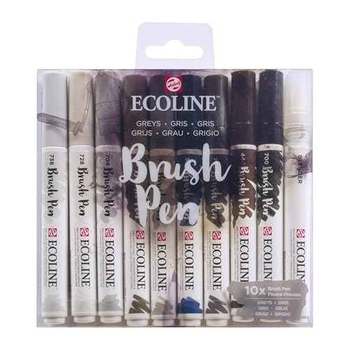 Ecoline Brush Pen Set of 10 Liquid Watercolor Pens ? Grey Shades | Blendable Brush Markers for Hand Lettering, Drawing, & Crafts
