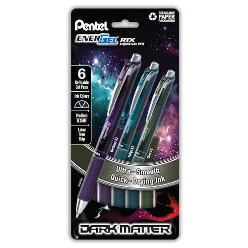 Pentel EnerGel RTX Dark Matter Liquid Gel Pen, (0.7mm), Assorted Dark Ink Colors, Pack of 6 (BL77DMPF6M)