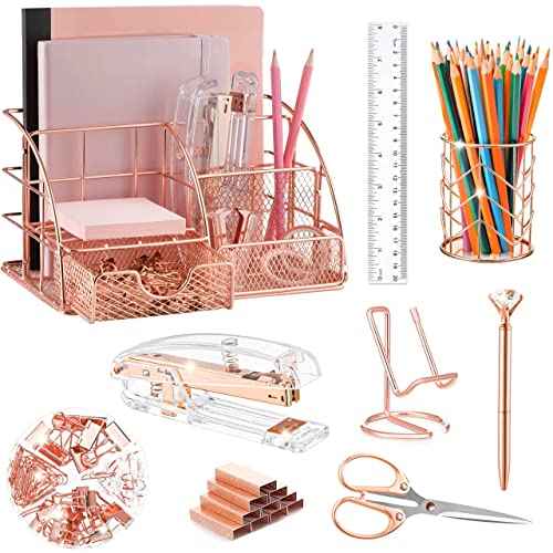 Rose Gold Desk Organizers and Accessories Office Supplies Set Stapler, Pen Holder, Phone Holder, Scissors, Pen, Ruler, 30 Paper Clips, 22 Binder Clip, 20 Tacks and 1000pcs Staples