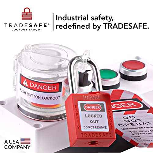 TRADESAFE Emergency Stop Button Cover Lockout - Round Transparent Push Button Switch Cover, 7/8-inch up to 1-1/2 inch Hole Diameter, 3-Piece Push Button Lockout