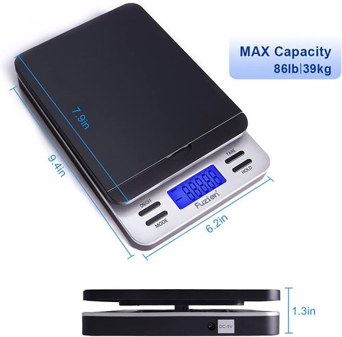 Fuzion Digital Postal Scale - Accurate 86 lb Capacity with Hold & Tare Function | LCD Display, Battery & AC Adapter