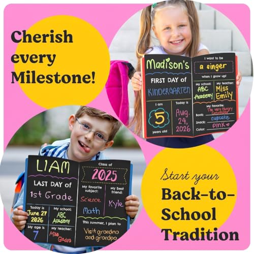 Funcils Book Board First Day of School Sign with 3 Chalk Markers - Kindergarten & Preschool Class Photo Prop