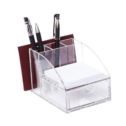 Ikee Design Acrylic Premium Desktop Office Supplies Organizer with Post It Note Pad Holder, Mail Storage and 3 Pencil Slots, Office Tool Storage Case, 3 7/8 W x 5 7/8 D x 3 1/2 H in