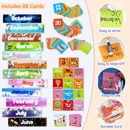 AKAYOK Classroom Calendar Pocket Chart with 88 Cards - Blue, Durable Wall Hanging Learning Tool for Homeschool & Classroom