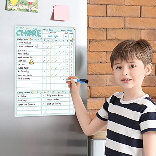 Clever Clean Magnetic Dry Erase Chore Chart Set for Kids & Teens - Blue & Pink, 8.5x12 inches with 6 Markers
