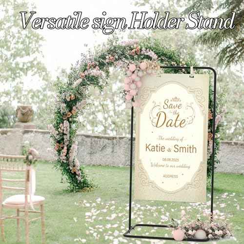 Wedding Sign Holder,Adjustable Welcome to Our Wedding Sign Stand with 2 Pack Leather Hanging Straps Heavy Duty Easel Rack Seating Chart Metal Stand for Birthday Party Baby Shower Graduation Ceremony Decoration,Black