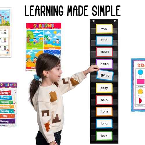 Essex Wares - 9" Wide x 44" Tall Pocket Chart, Black - Sturdy Pocket Chart for Classroom for Sentence Strips - Easy to Use & Hang, Reusable Black Pocket Chart