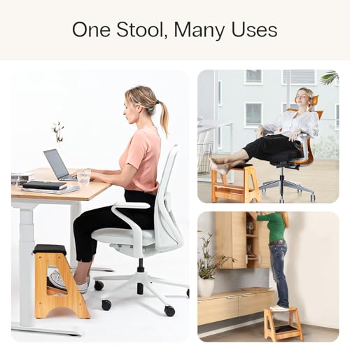 StrongTek Double Step Footrest, Adjustable Wooden Foot Stool with 3 Height Levels, Cushioned Top & Non-Slip Base, Ergonomic Under Desk Leg Rest for Office Home
