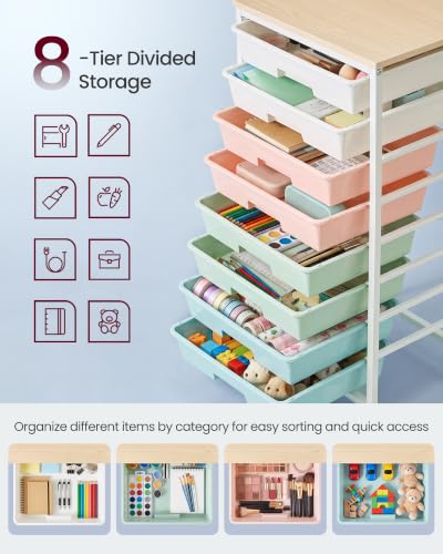 VASAGLE 8-Drawer Rolling Cart with Wooden Top — Multicolor