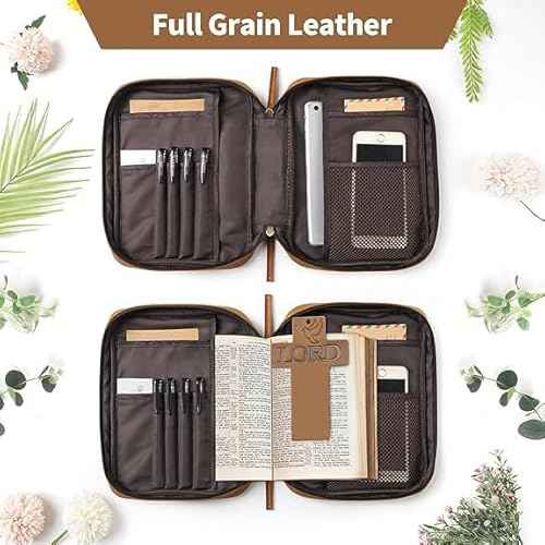 Jack&Chris Full Grain Leather Bible Covers, Church Bag Bible Protective Book Holder, Large Bible Cover for Men Women, Bible Carrying Case Folder Organizer with Handle, Christian Art Gifts, Brown