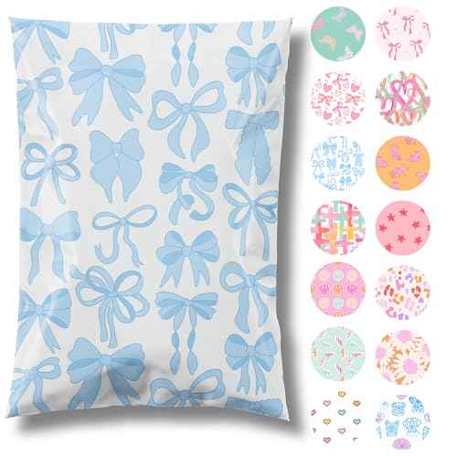 10x13 Designer Poly Mailer 100 Pack Heavy Duty Waterproof Self Seal Shipping Bags for Small Business Large Mailing Envelopes Bulk Tear Resistant Packaging Blue Bows