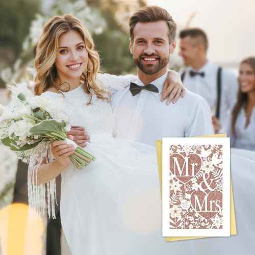D24TIME Wedding Card for Bride and Groom - Elegant Die-Cut Floral and Birds Design with Glitter Champagne Gold - Personalized Wedding Congratuations Card with Envelope and Sticker 5.5x8in