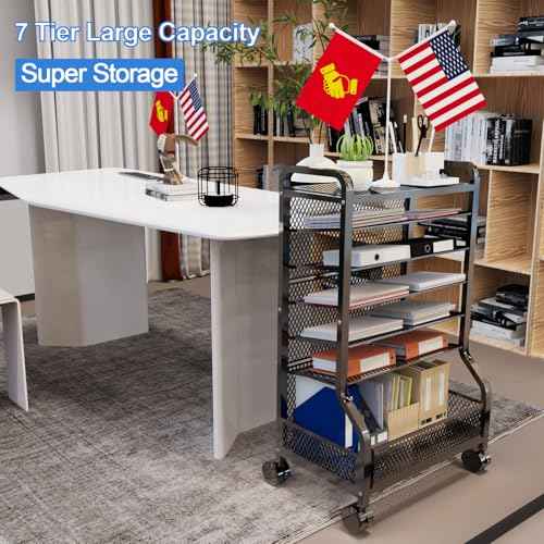 Teacher Rolling Cart Storage Organizer File Folder Rolling File Cart Under Desk 7-Tier Standing File Organizer on Wheels Mesh Paper Letter Sliding Trays for Home Office Study