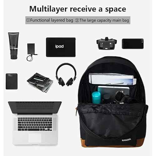 SUPACOOL Lightweight Laptop Backpack with USB Charging Port for Men and Women, Double Layers Backpack for College, Work, Travel, Casual(Black and brown)