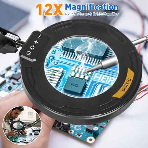 Ultra Long 3-Section Swing Arm 12X Magnifying Glass with Light and Stand, 4-way Large Strong Metal Clamp Lighted Magnifier Lamp, 5 Color Modes LED Magnifying Lamp for Workbench, Crafting, Hobby