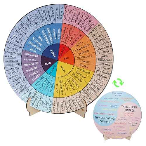 Feelings Wheel Therapy Office Decor, 9.7 Inches Diameter Large Double Sided Mental Health Decor Emotion Wheel with Stand, Wooden Coping Wheel Chart Gifts for School, Therapy Office, 2025 Upgrade