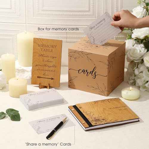 Yexiya 64 Pcs Celebration of Life Guest Book Set, Cherry Wood Funeral Guestbook with Floral Laser Engraving, 60 Share a Memory Cards, Card Box, Sign & Pen for Memorial Service Farewell Party