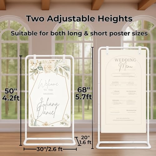 Welcome Sign Stand, Adjustable Sign Holder Stand w/ Poster Design Templates & Leather Straps, Heavy Duty Metal Easel for Wedding, Bridal Shower, Birthday Party, Baby Shower, 68" x 30" x 20"