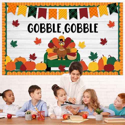 Qyeahkj Thanksgiving Turkey Bulletin Board Set Gobble Gobble Pumpkin Classroom Decorations Fall Thanksgiving Happy Turkey Day Paper Cutouts for Classroom School Home Chalkboard Wall Door Supplies