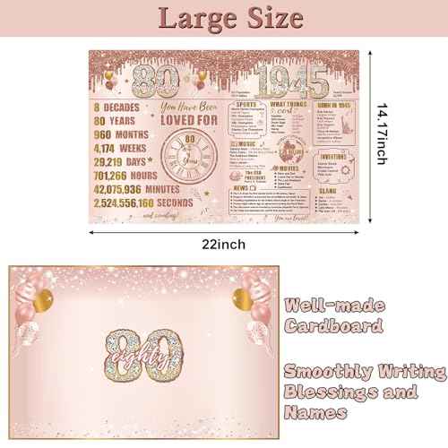 Large 80th Birthday Card With Envelope for Women, Pink Rose Gold The Year 1945 Happy 80th Birthday Giant Guest Signature Book Gift, Extra Big Eighty Greeting Card Decoration Party Supply
