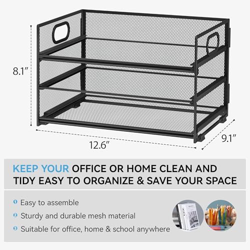 SUBEKYU 3-Tier Paper Letter Tray Organizer, Black Mesh Desk File Holder, 12.6x9.1x8.1 Inches