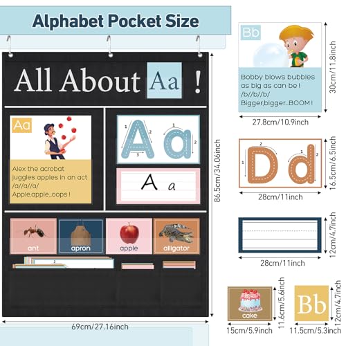 Blosssound 34 x 27 All About Letter Pocket Chart 103 ABC Flash Cards Letter of The Day Week Chart Alphabet Tracing Educational Wall Poster Teachers Homeschool Learning Activities(Black)
