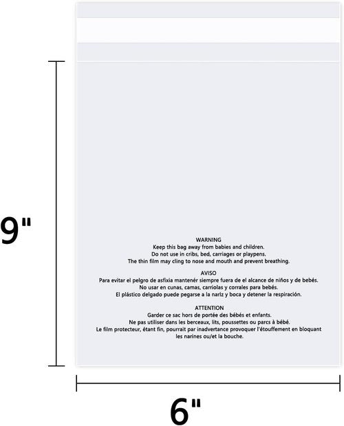 Self Seal Clear Poly Bags 6" x 9" | 100 Count with Suffocation Warning - Resealable Adhesive for Shipping & Packaging