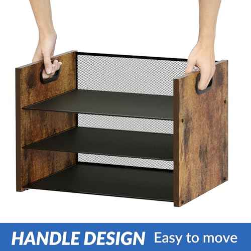 3 Tier Wood Paper Organizer for Desk, Metal Office Organizer and Accessories with Handle, Mesh File Holder for Desk, File Cabinets for Home Office, School