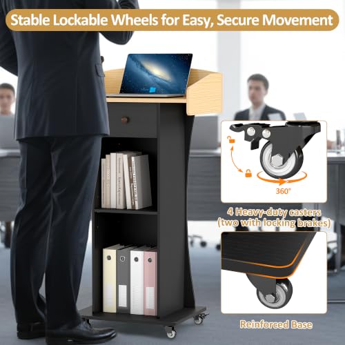Baoz Yellow Black Portable Podium Stand with Lockable Wheels, Classroom podium