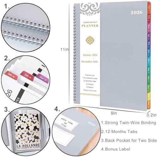 2026 Monthly Planner - 2026 Planner, JAN. 2026 - Dec. 2026, 8.5" x 11" Monthly Planner/Calendar, 12-Month Planner with Tabs & Pocket & Label, Contacts and Passwords, Thick Paper, Twin-Wire Binding - Grey
