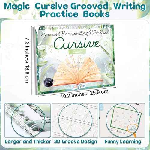 gisgfim Grooved Cursive Handwriting Workbook Magic Reusable Grooved Cursive Handwriting Practice Guided Tracing with Disappearing Ink Pens for Beginners Kids Learning Activities Supplies (Letters)