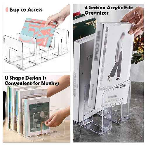 4Pack Clear Acrylic File Sorter, 4 Large Slots Desk Organizer, Desktop File Folder Holder Organizer, Office Storage Stand Rack for Book, Purse, Handbag, Envelopes, Mail, Document, Notebook